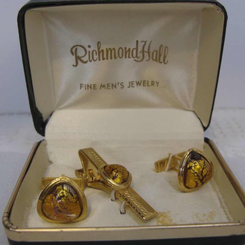 Vintage Gold Foiled Cuff Links Tie Clasp Set